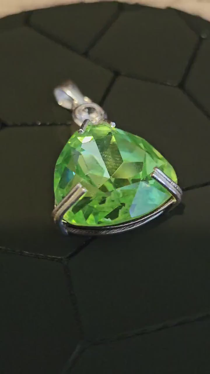 Uranium Glass Pendant in new Sterling Silver with a large 23 mm vintage Trillian cut Uranium Glass stone that glows under black / UV light