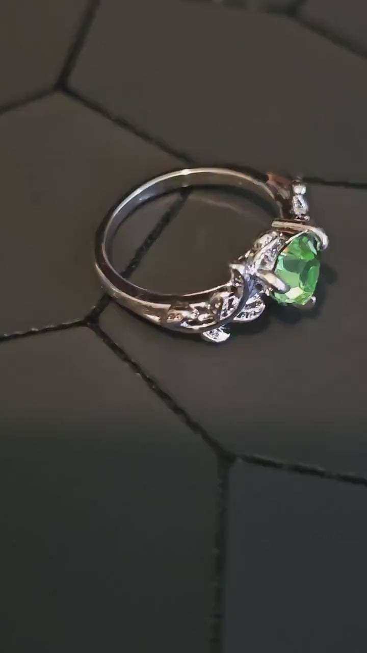 Uranium Glass Heart cut Ring in size 6 or 10 new Silver plated with a vintage Uranium glass stone that glows under black/UV light