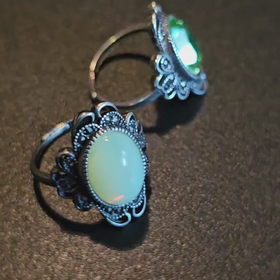 Uranium Glass Adjustable Ring  in new Sterling Silver vintage style with large vintage Uranium glass Oval stone glows under black / UV light