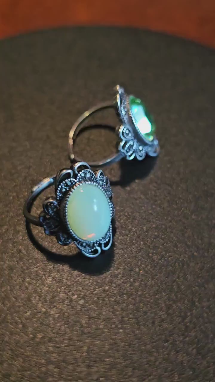 Uranium Glass Adjustable Ring  in new Sterling Silver vintage style with large vintage Uranium glass Oval stone glows under black / UV light