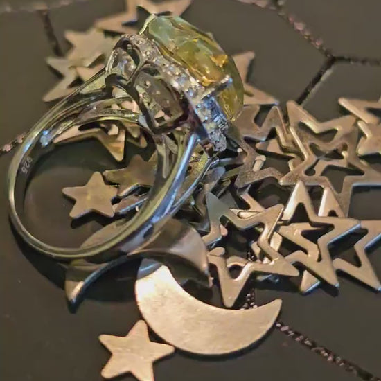 Uranium Glass Heart cut Ring size 7. New Sterling Silver with a vintage 15 mm Yellow Uranium glass stone that glows under black/UV light