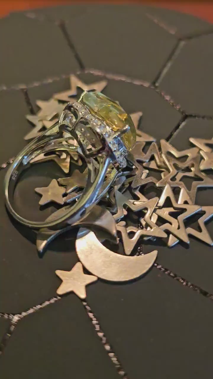 Uranium Glass Heart cut Ring size 7. New Sterling Silver with a vintage 15 mm Yellow Uranium glass stone that glows under black/UV light