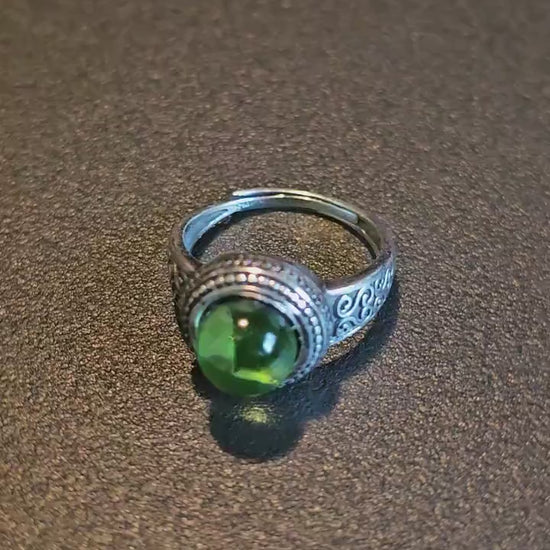 Uranium Glass Adjustable Ring new Sterling Silver with a vintage  Round top Uranium glass stone that glows under black / UV light