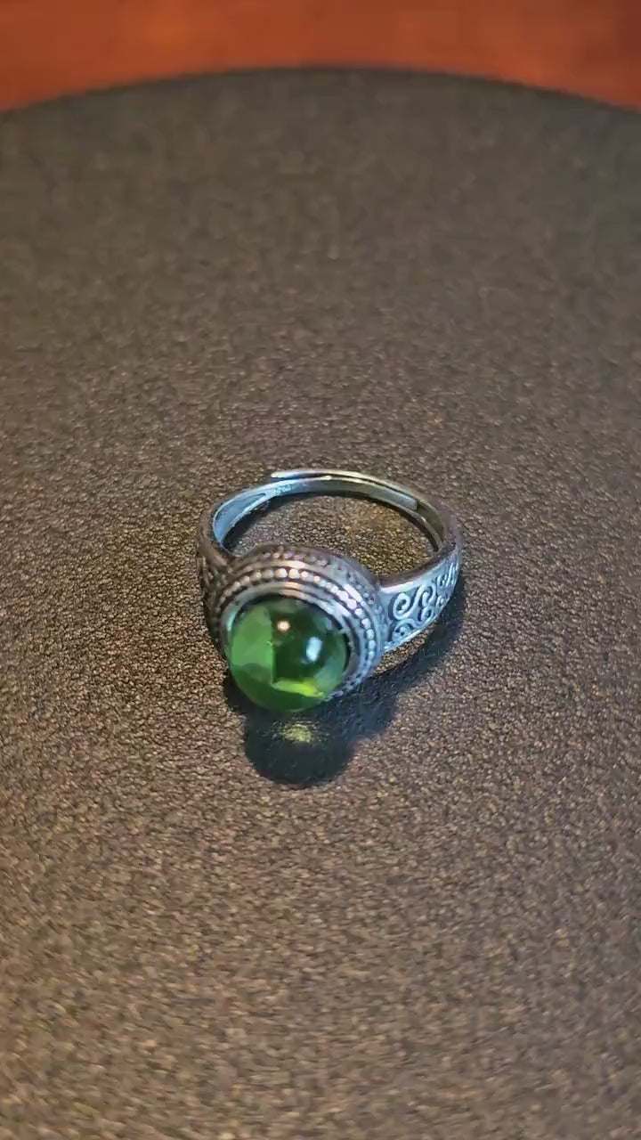 Uranium Glass Adjustable Ring new Sterling Silver with a vintage  Round top Uranium glass stone that glows under black / UV light