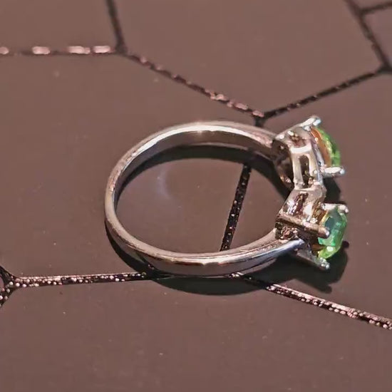 Uranium Glass Heart cut Ring size 7 in new Sterling Silver with two vintage 5 mm Uranium glass stones that glow under black  UV light