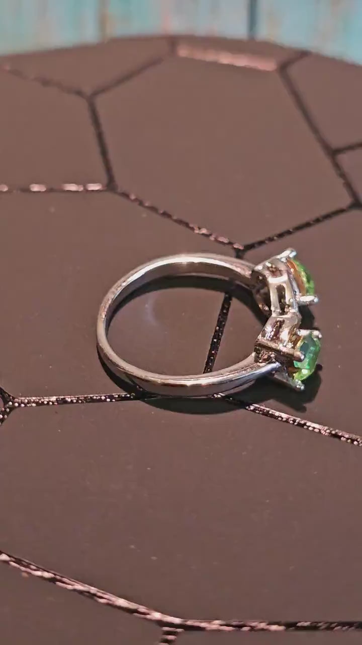 Uranium Glass Heart cut Ring size 7 in new Sterling Silver with two vintage 5 mm Uranium glass stones that glow under black  UV light