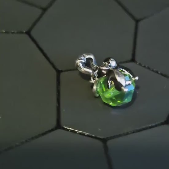 Uranium Glass Pendant in new Sterling Silver Kissing Penguins with a vintage Uranium Glass 10 mm bead that glows under black / UV light