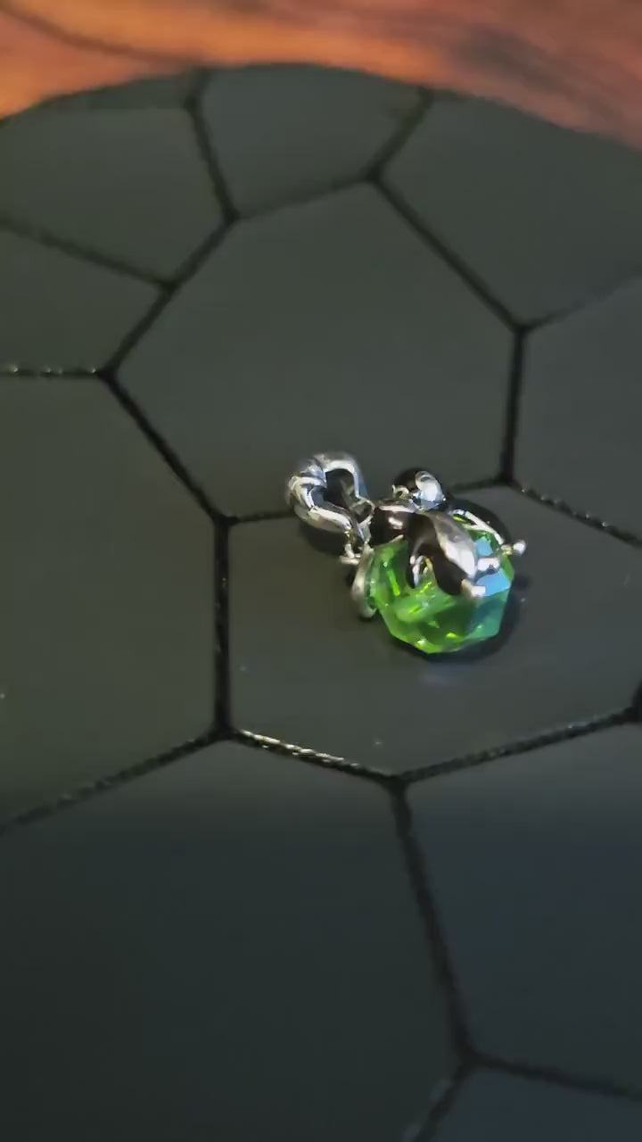 Uranium Glass Pendant in new Sterling Silver Kissing Penguins with a vintage Uranium Glass 10 mm bead that glows under black / UV light
