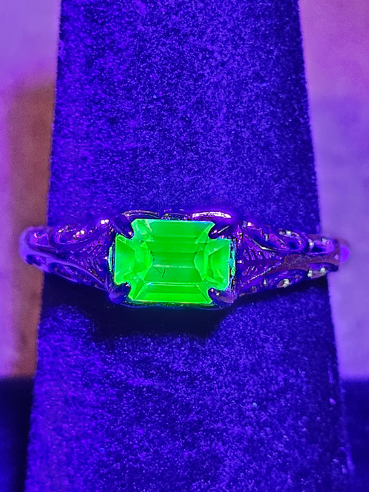Uranium Glass Emerald cut Art Deco Ring size 4 to 10.5 in new Sterling Silver with Uranium glass stone that glows under black / UV light
