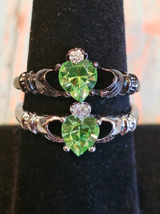 Uranium Glass Heart cut Claddagh Ring adjustable size new Sterling Silver with a vintage Uranium glass stone that glows under black/UV light