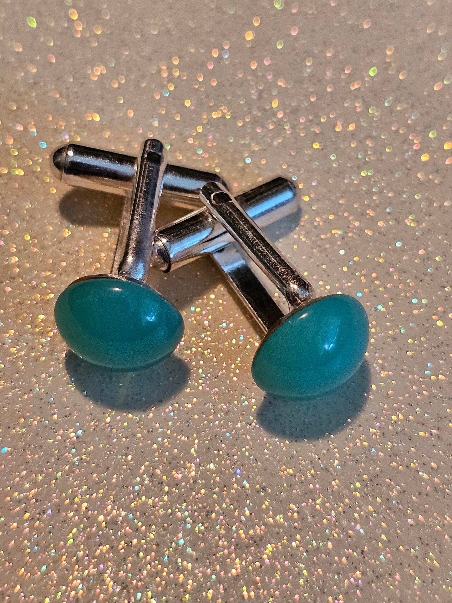 Uranium Glass Cufflinks 15mm / 11mm Round cut Round top vintage Uranium Glass stones in new Sterling Silver that glows under black / UV ligh
