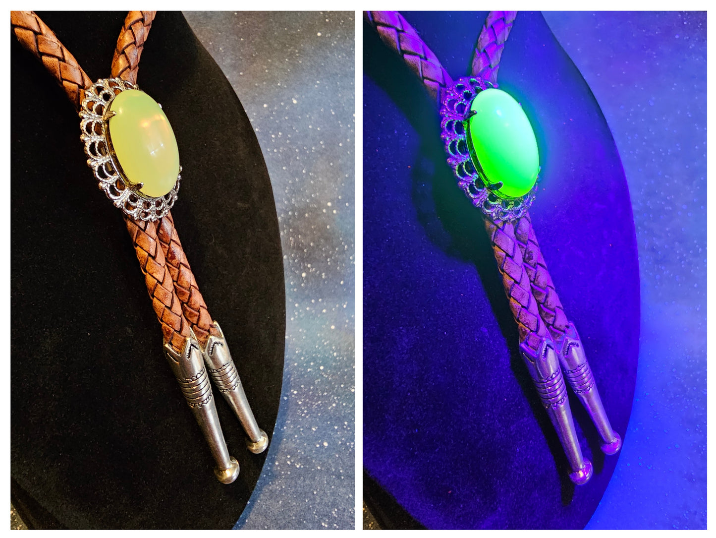 Uranium Glass Bolo Tie large 25x18 mm Oval cut Round top Cabochon cut vintage Uranium Glass stone that glows under black / UV light