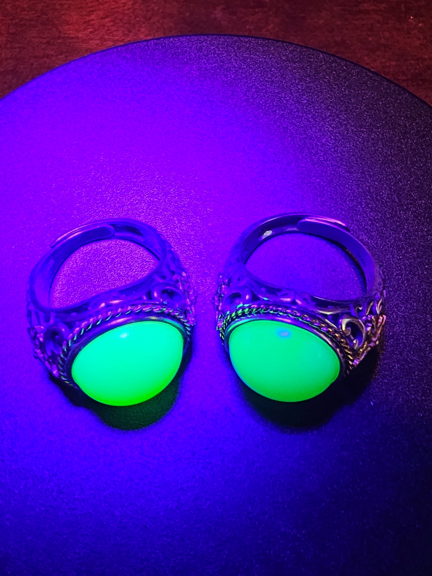 Uranium Glass Men's Ring Adjustable with 15 mm vintage Uranium glass Round cut Cabochon opal colored stone that glows under black / UV light