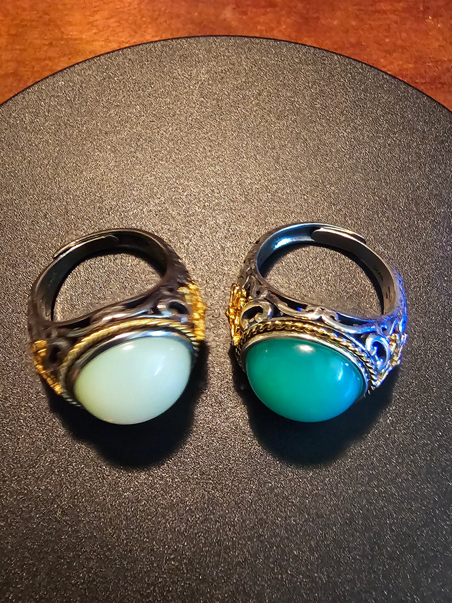 Uranium Glass Men's Ring Adjustable with 15 mm vintage Uranium glass Round cut Cabochon opal colored stone that glows under black / UV light