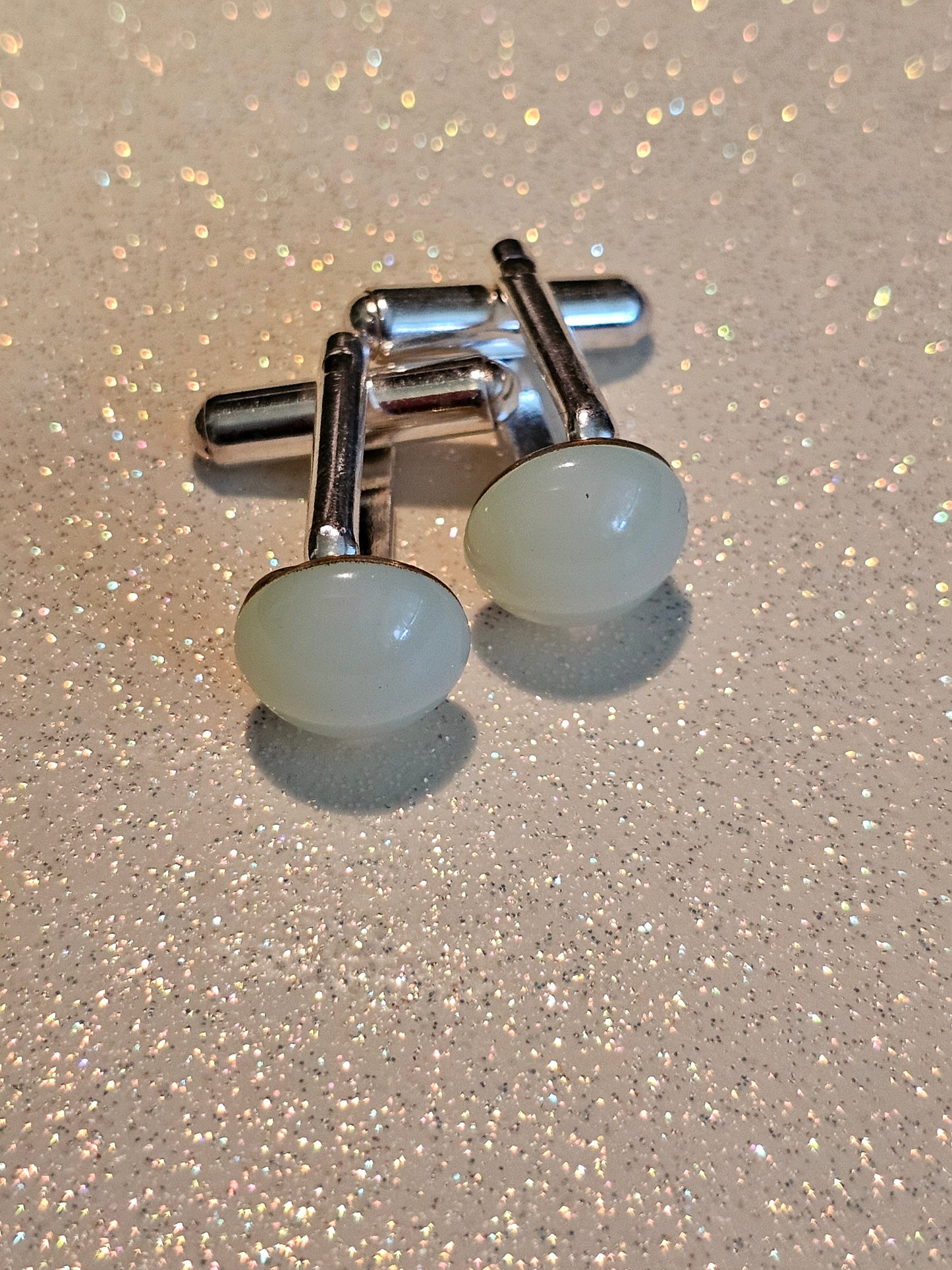 Uranium Glass Cufflinks 15mm / 11mm Round cut Round top vintage Uranium Glass stones in new Sterling Silver that glows under black / UV ligh